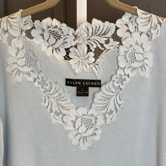 Ralph Lauren Womens Black Label Blue Cashmere Lace 3/4 Sleeve Sweater NWT - Picture 3 of 6